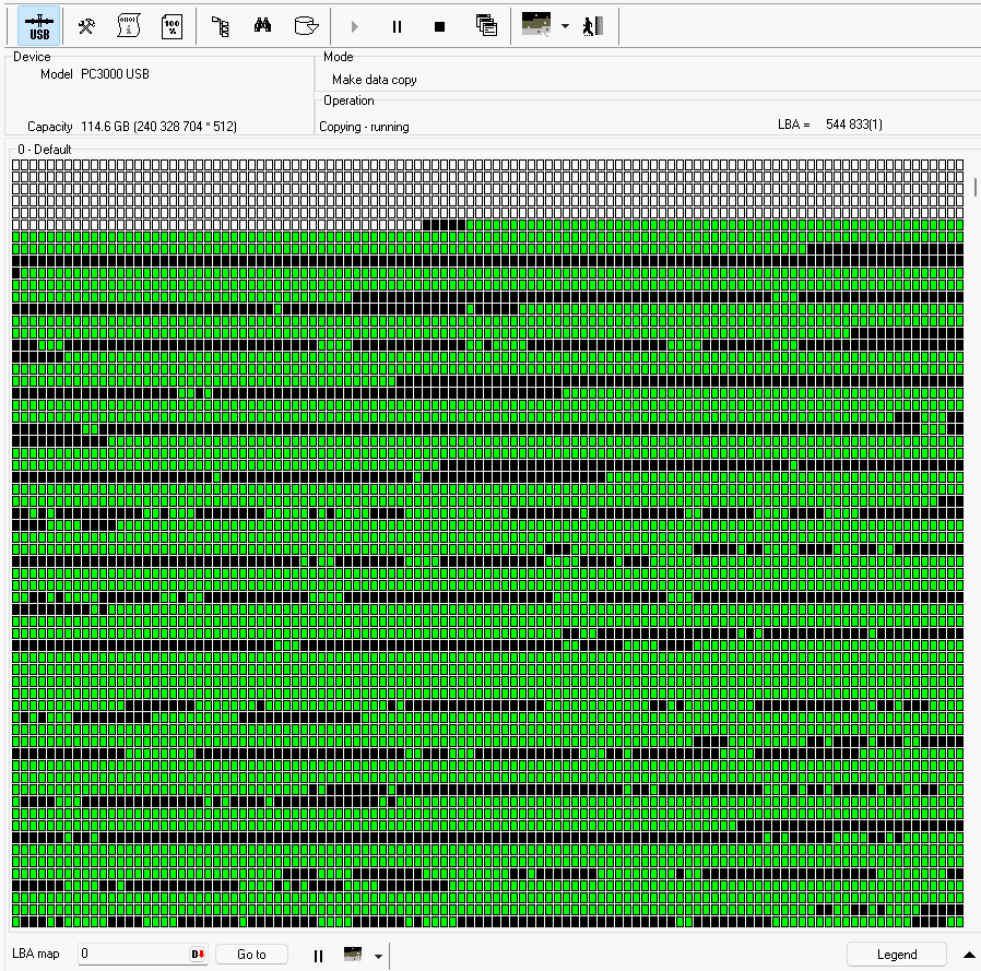 PC-3000 USB LBA map during the imaging pass, showing readable regions in green heavily broken up by black blocks that would not read