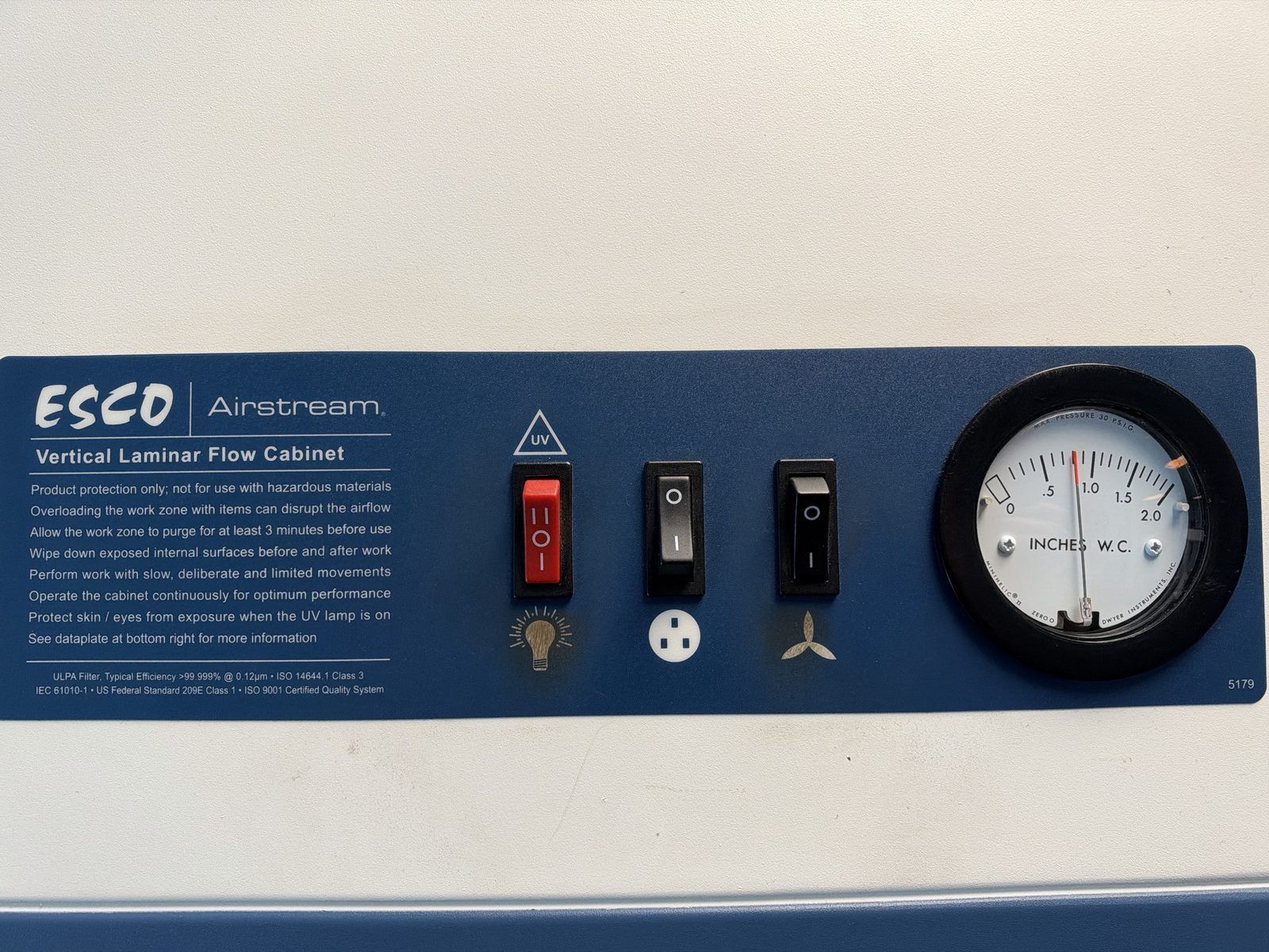 ESCO Airstream vertical laminar flow cabinet dataplate showing ISO 14644-1 Class 3 and US Federal Standard 209E Class 1